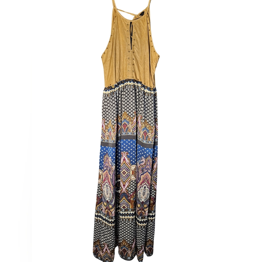 Lulumari Boho Maxi Dress with Suede Upper Empire Waist Halter Neck Size L